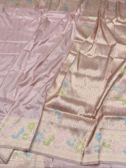 Powder Pink Handwoven Pure Banarasi Silk Saree in Kadwa Weave – Katan Silk with Skirt Pattern Design