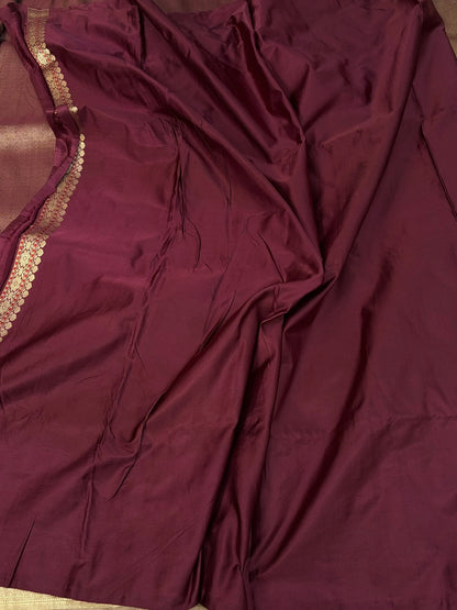 Wine Handwoven Pure Banarasi Satin Tanchoi Silk Saree – Luxury Wedding &amp; Festive Handloom