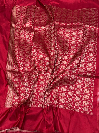 Ivory &amp; Red Handwoven Pure Banarasi Ektara Silk Saree – Luxury Kadwa Weave