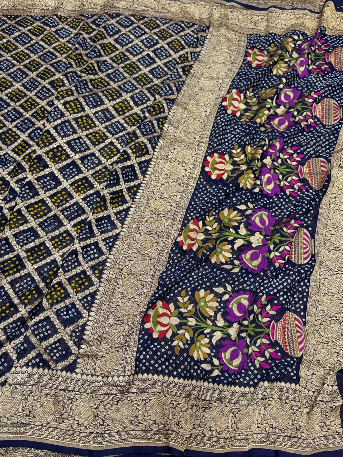 Navy Blue Banarasi Pure Bandhej Georgette Saree – Luxury Cutwork Brocade Wedding &amp; Festive Saree