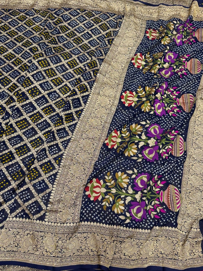 Navy Blue Banarasi Pure Bandhej Georgette Saree – Luxury Cutwork Brocade Wedding &amp; Festive Saree