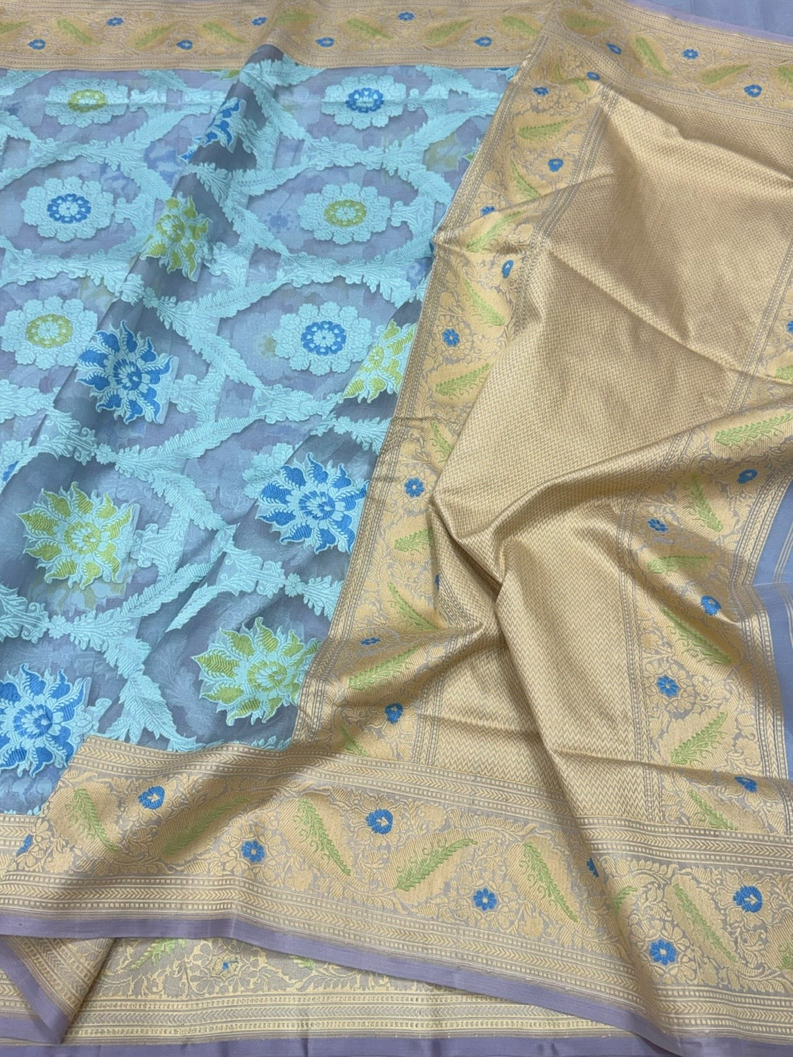 Sky Blue Handwoven Pure Banarasi Organza Silk Saree