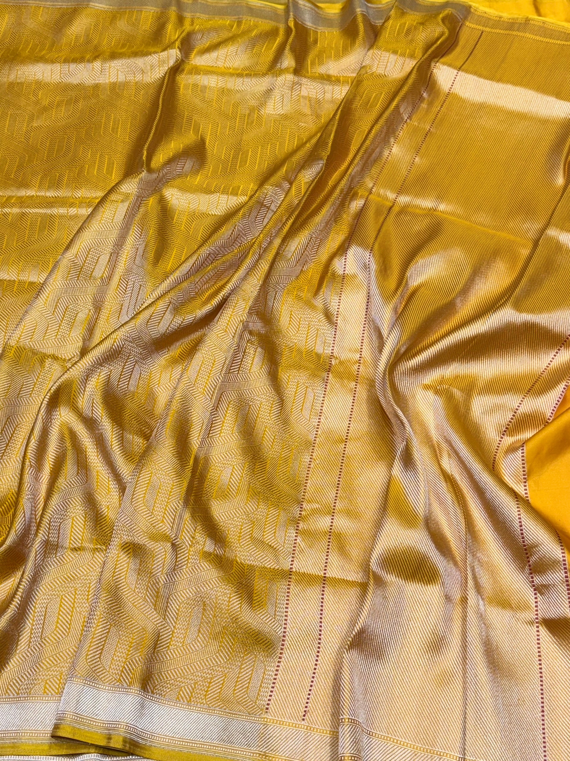 Yellow Handwoven Pure Banarasi Satin Silk Brocade Saree – Luxury Brocade Work