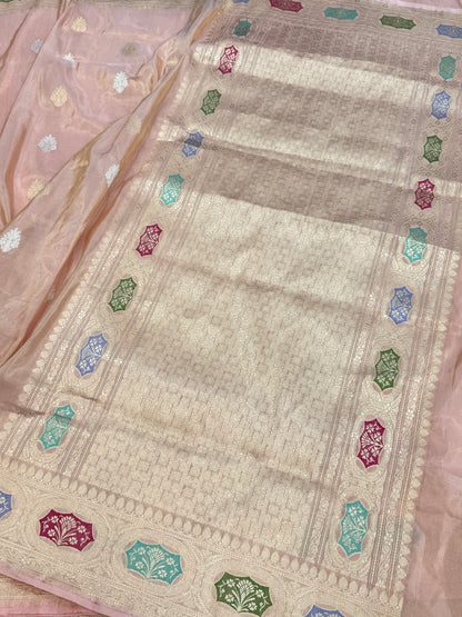 Peach Handwoven Pure Banarasi Tissue Silk Saree