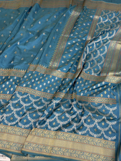 Turquoise Blue Handwoven Banarasi Pure Katan Silk Saree