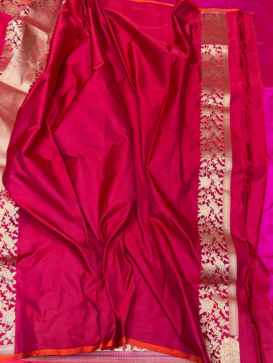 Red Handwoven Pure Banarasi Satin Tanchoi Silk Saree – 100% Pure Satin Silk, Kadwa Weave