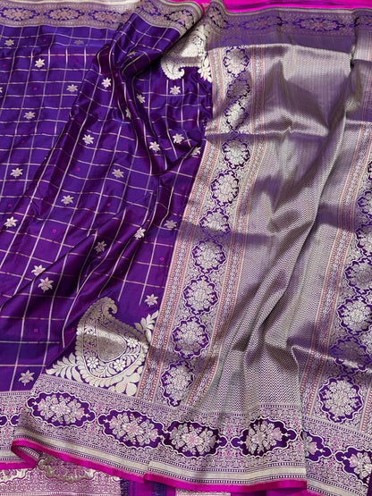 Purple Handwoven Pure Banarasi Satin Silk Saree – Kadwa Weave | 100% Pure Satin Silk | Authentic Banaras Handloom