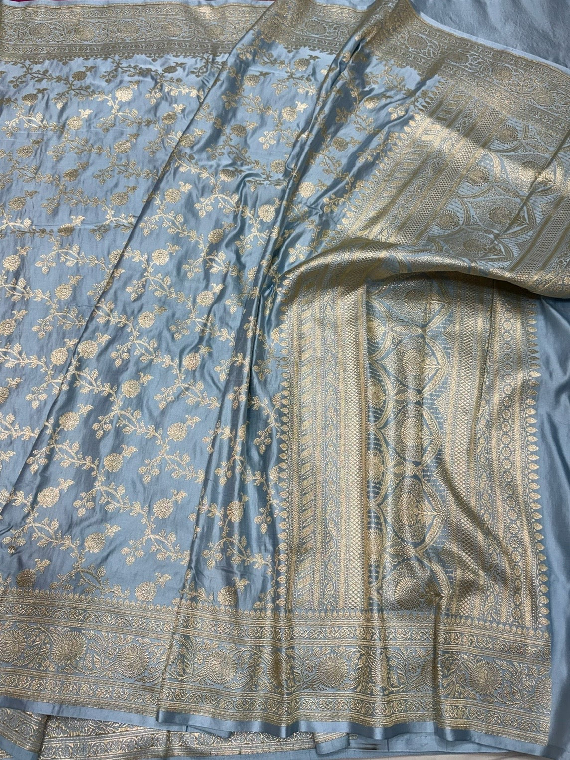 Ash Grey Handwoven Vintage Pure Banarasi Satin Silk Saree