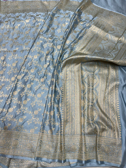 Ash Grey Handwoven Vintage Pure Banarasi Satin Silk Saree