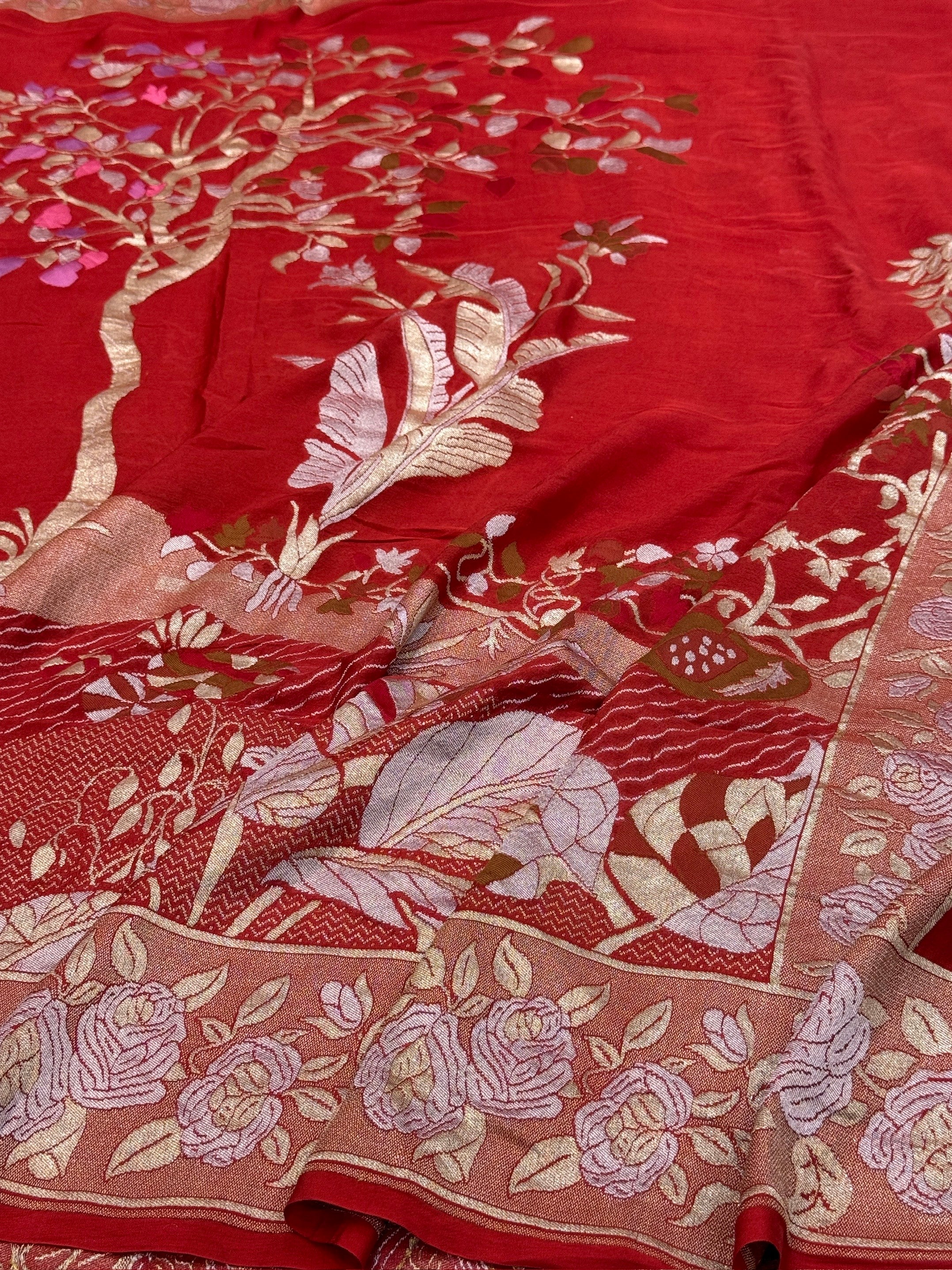 Red Pure Banarasi Chiffon Georgette Saree