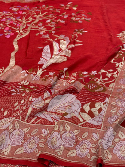 Red Pure Banarasi Chiffon Georgette Saree