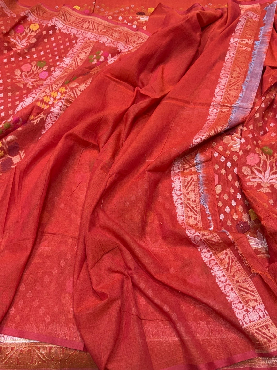 Red Pure Muslin Cotton Jamdani Saree