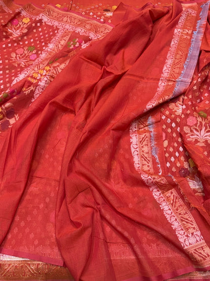 Red Pure Muslin Cotton Jamdani Saree