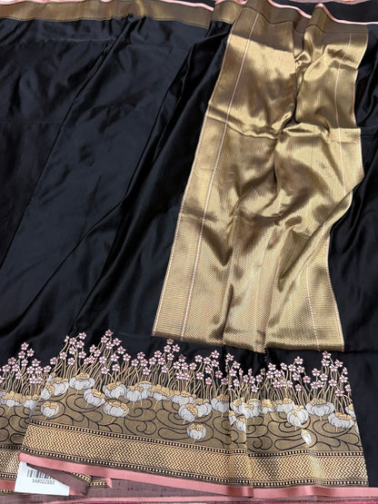 Black Handwoven Pure Banarasi Satin Silk Saree