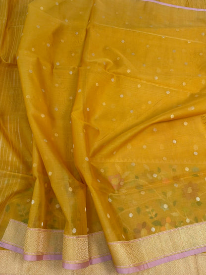 Mustard Yellow Handwoven Pure Banarasi Kora Jamdani Silk Saree