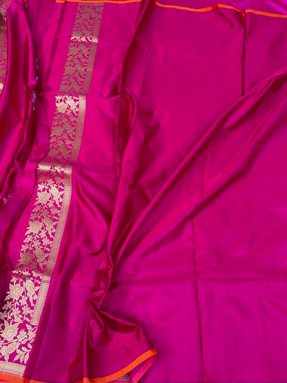 Rani Pink Handwoven Pure Banarasi Satin Tanchoi Silk Saree