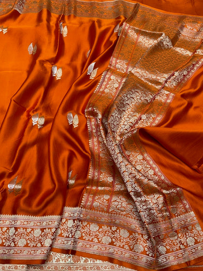 Orange Handwoven Pure Mashru Banarasi Satin Silk Saree – Kadwa Weave | Authentic Banaras Handloom