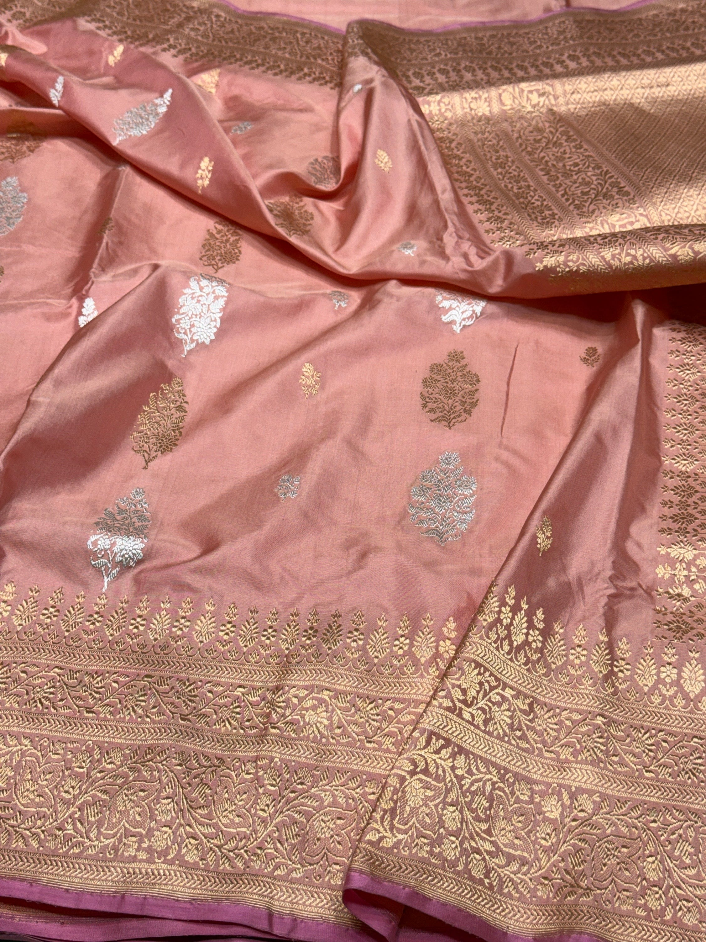 Peach Handwoven Pure Banarasi Silk Saree in Kadwa Weave – Katan Silk with Intricate Design