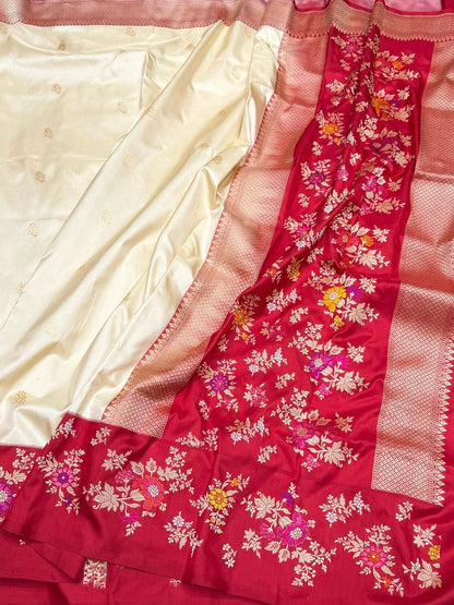 Cream /Red Handwoven Pure Banarasi Silk Saree