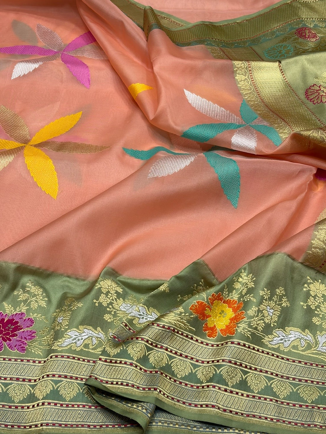 Peach Handwoven Pure Organza Silk Saree