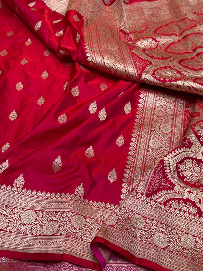 Ruby Red Handwoven Maharani Pallu Banarasi Satin Silk Saree