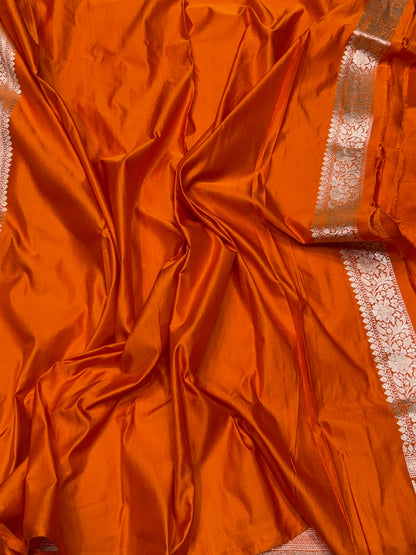 Orange Handwoven Vintage Pure Banarasi Satin Silk Saree