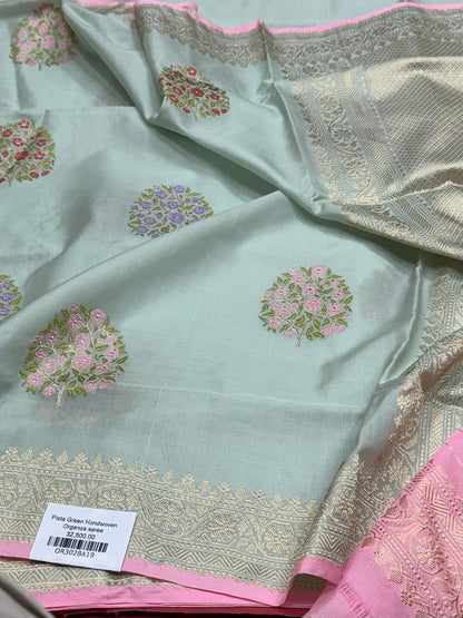 Pista Handwoven Pure Organza Silk Saree