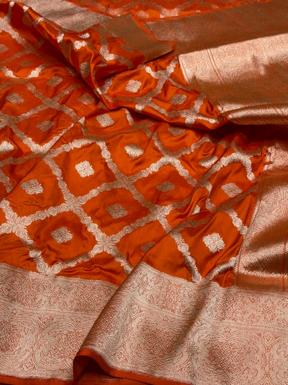Orange Handwoven Pure Banarasi Silk Saree in Kadwa Jaal – Authentic Katan Mulberry Silk