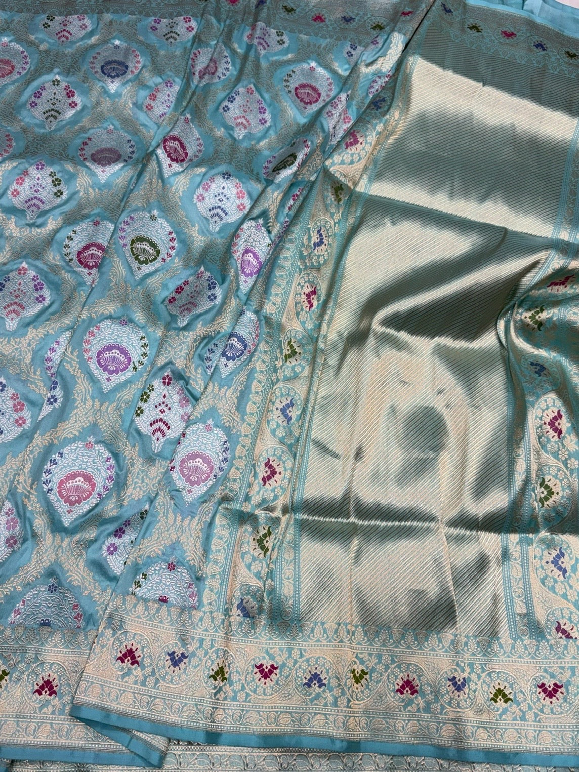 Sky Blue Handwoven Pure Banarasi Silk Saree
