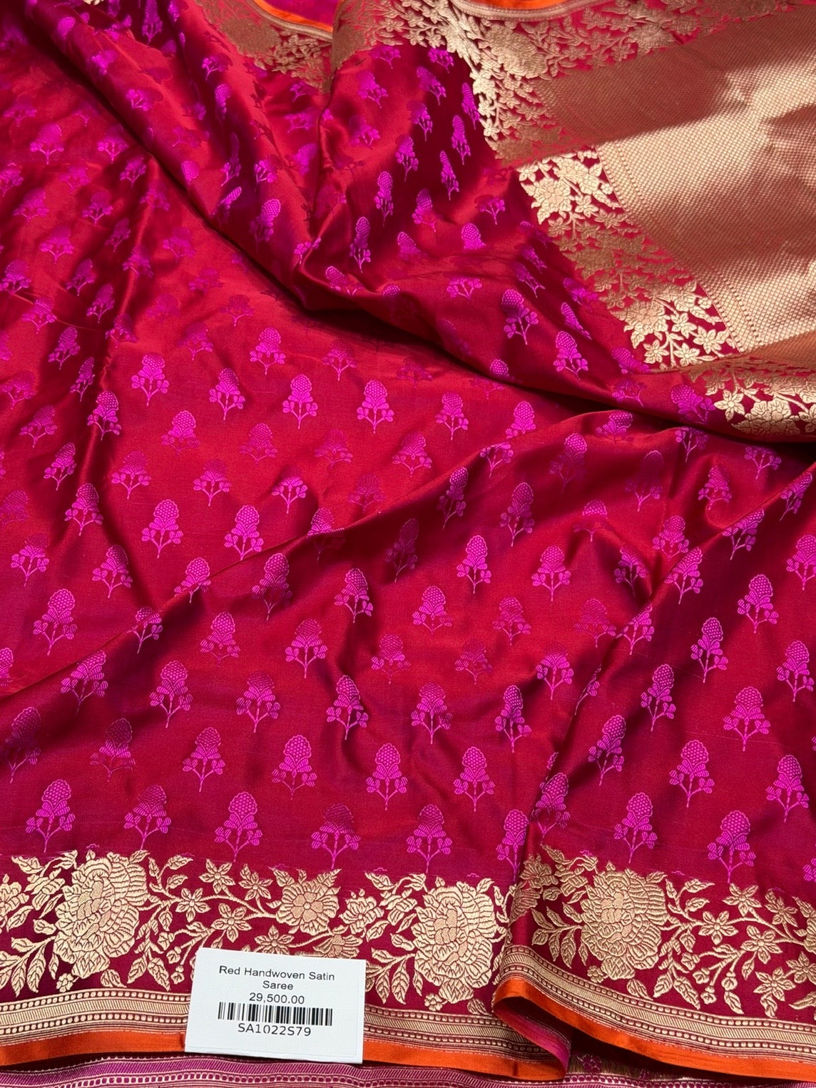 Red Handwoven Pure Banarasi Satin Tanchoi Silk Saree – 100% Pure Satin Silk, Kadwa Weave
