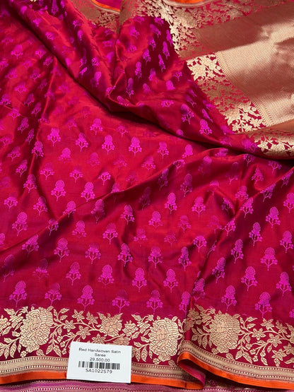 Red Handwoven Pure Banarasi Satin Tanchoi Silk Saree – 100% Pure Satin Silk, Kadwa Weave