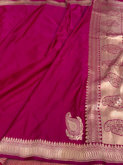Rani Pink Handwoven Pure Banarasi Mashru Satin Silk Saree