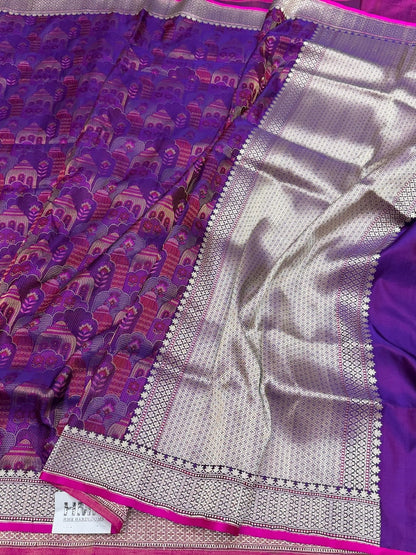 Purple Handwoven Pure Banarasi Satin Tanchoi Silk Saree