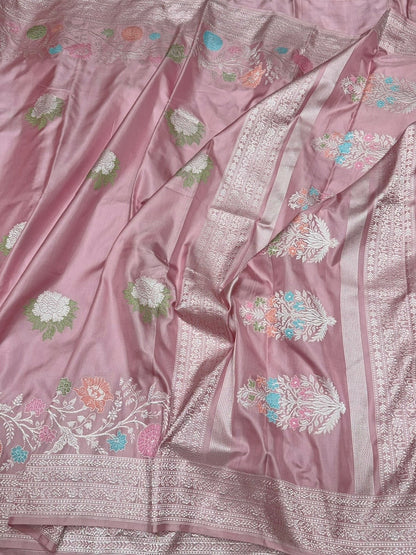 Powder Pink Handwoven Pure Banarasi Ektara Silk Saree – Kadwa Iktara Weave, Pure Mulberry Silk