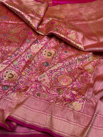 Rani Pink Handwoven Kimkhab Pure Banarasi Silk Brocade Saree – 100% Katan Mulberry Silk
