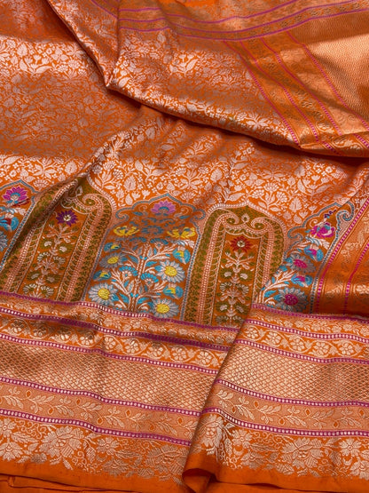 Orange Handwoven Pure Banarasi Silk Saree