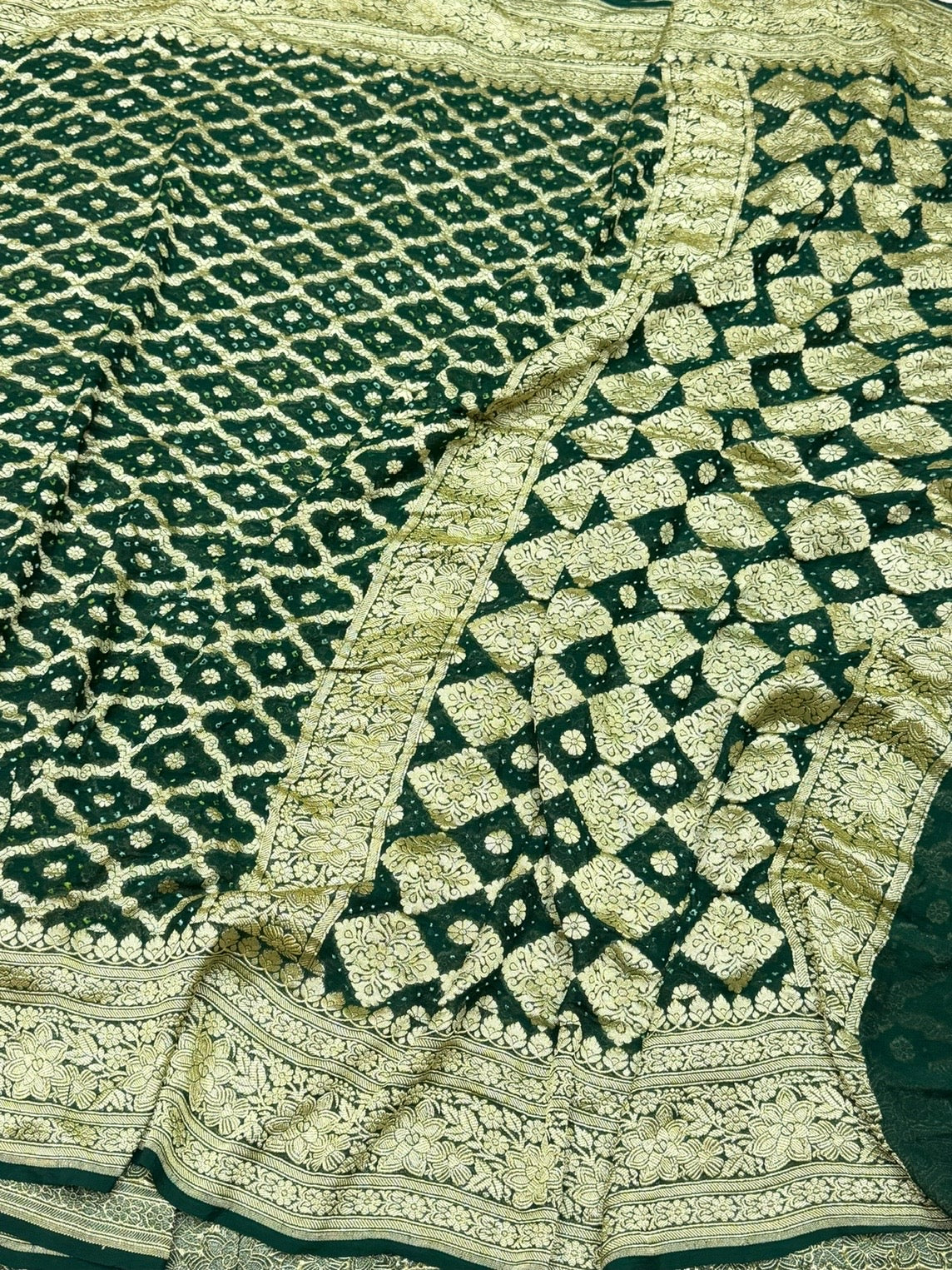 Bottle Green Banarasi Pure Bandhej Georgette Saree – Luxury Cutwork Brocade Festive Saree