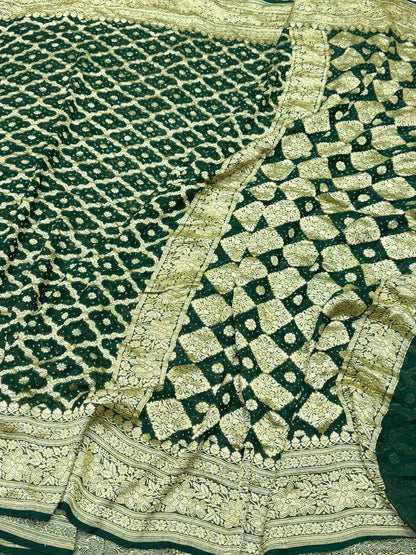 Bottle Green Banarasi Pure Bandhej Georgette Saree – Luxury Cutwork Brocade Festive Saree