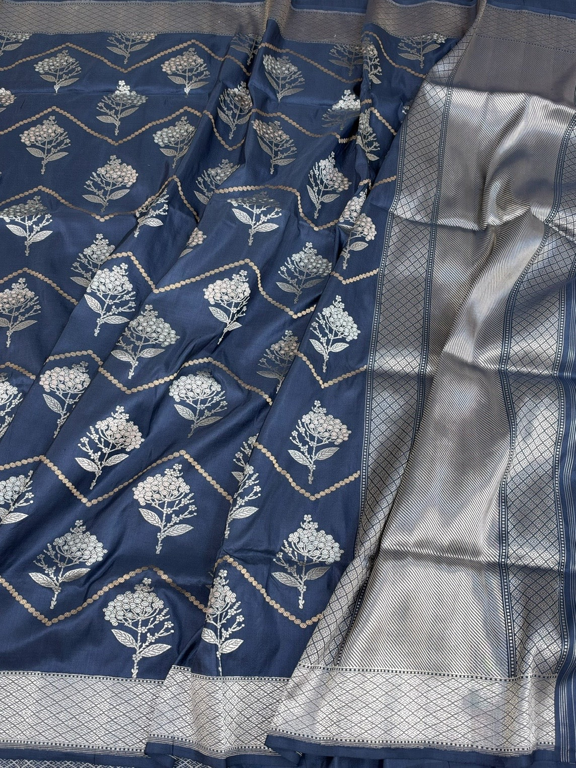 Bluish Grey Handwoven Pure Banarasi Katan Silk Saree