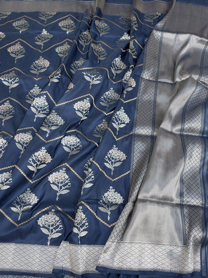 Bluish Grey Handwoven Pure Banarasi Katan Silk Saree