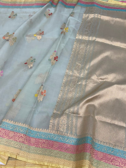 Ocean Blue Handwoven Pure Organza Silk Saree