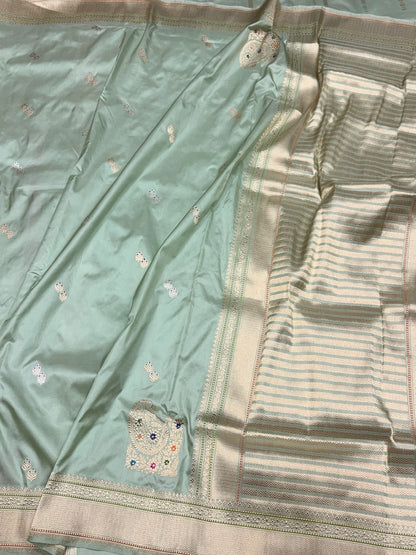 Sage Green Handwoven Pure Banarasi Silk Saree in Kadwa Weave | Authentic Katan Mulberry Silk