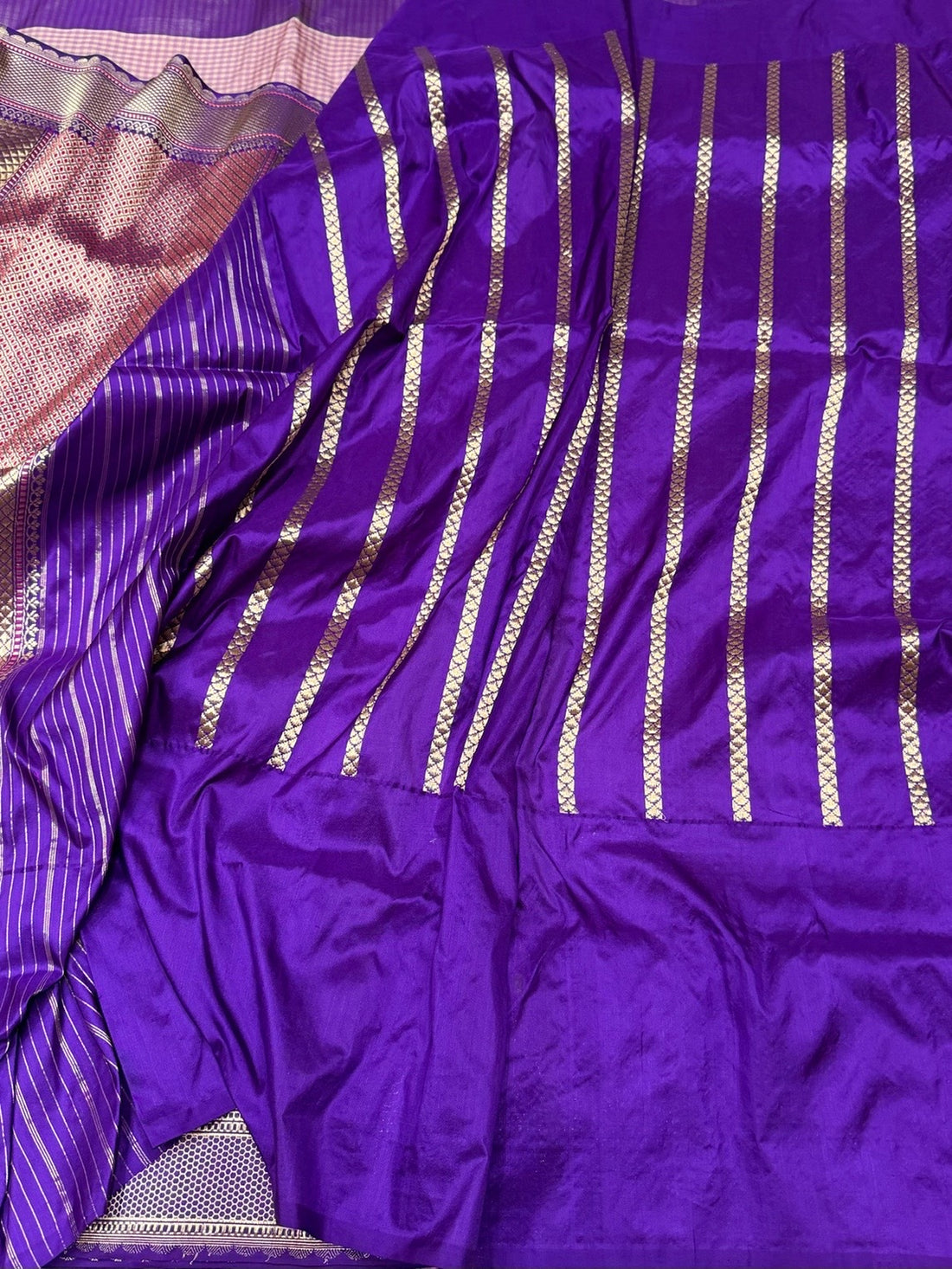 Baby Pink &amp; Purple Handwoven Pure Banarasi Silk Saree in Kadwa Weave | 100% Pure Katan Silk