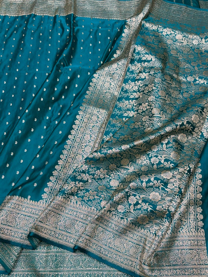 Turquoise Blue Handwoven Vintage Pure Banarasi Satin Silk Saree