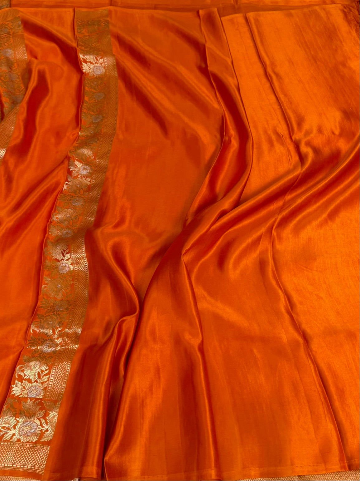 Orange Handwoven Pure Banarasi Mashru Satin Silk Saree