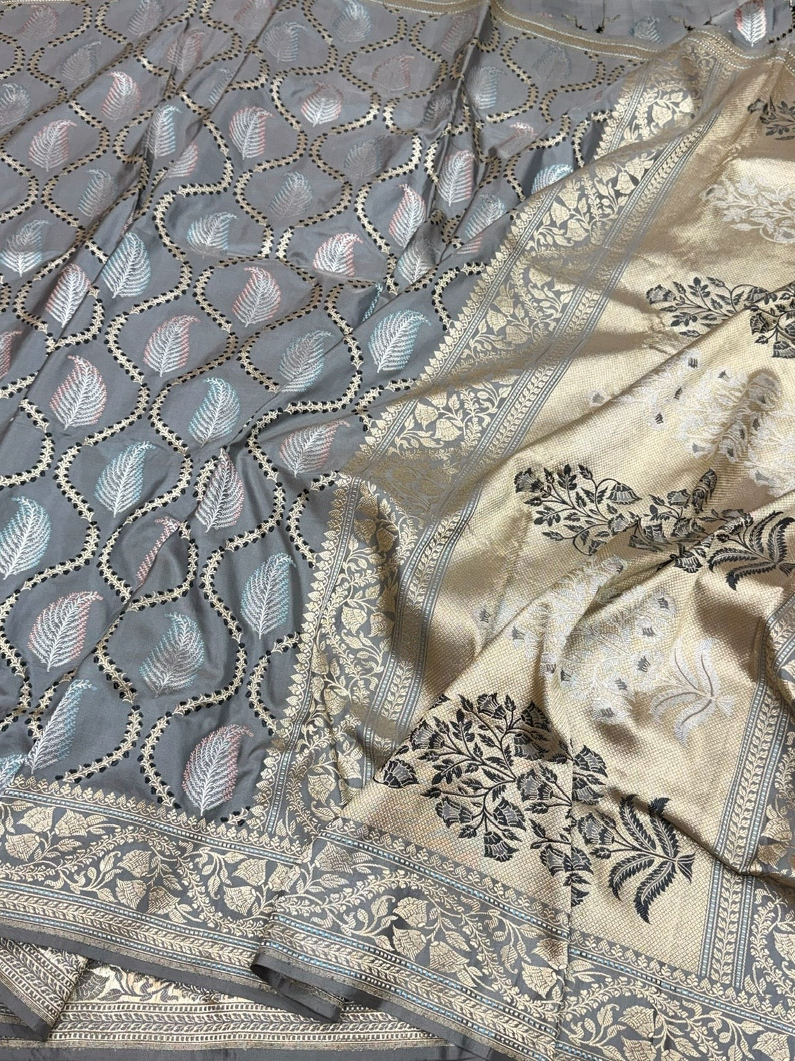 Steel Grey Handwoven Pure Banarasi Silk Saree – Kadwa Weave in 100% Katan Mulberry Silk