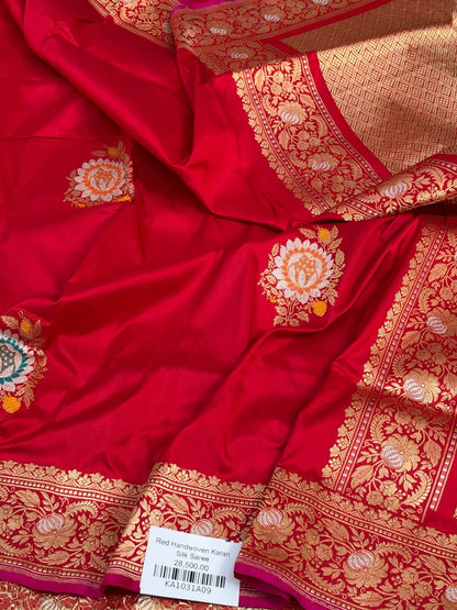 Red Handwoven Pure Banarasi Silk Saree | Pure Katan Silk | Kadwa Weave | HMR Handlooms