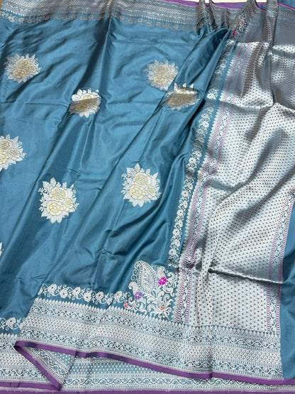 Teal Blue Handwoven Pure Banarasi Ektara Silk Saree