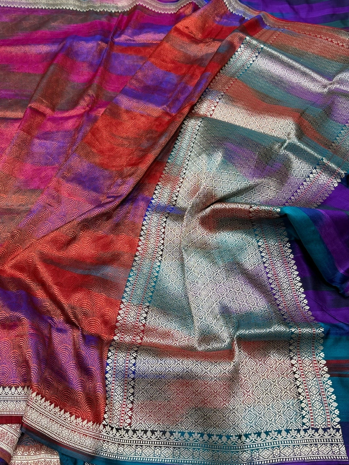 Rainbow Handwoven Pure Banarasi Satin Brocade Silk Saree