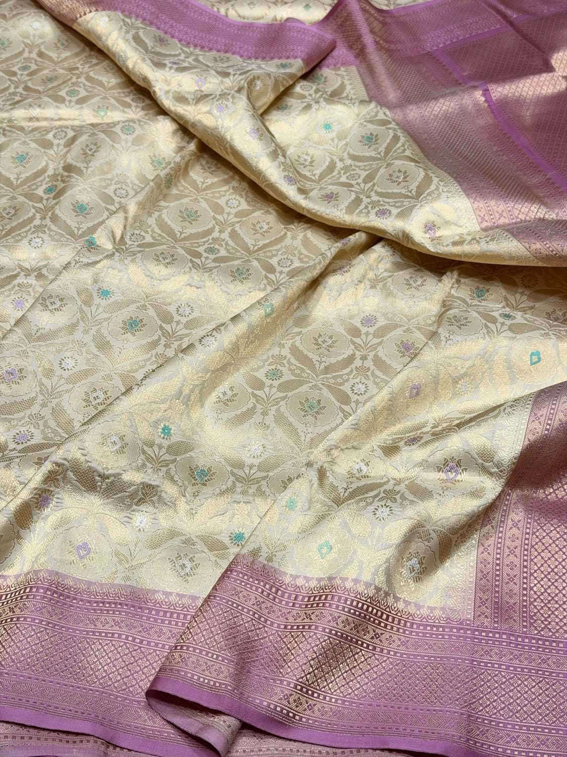 Cream Handwoven Banarasi Pure Silk Brocade Saree with Pastel Pink Satin Border – Luxurious Katan Silk